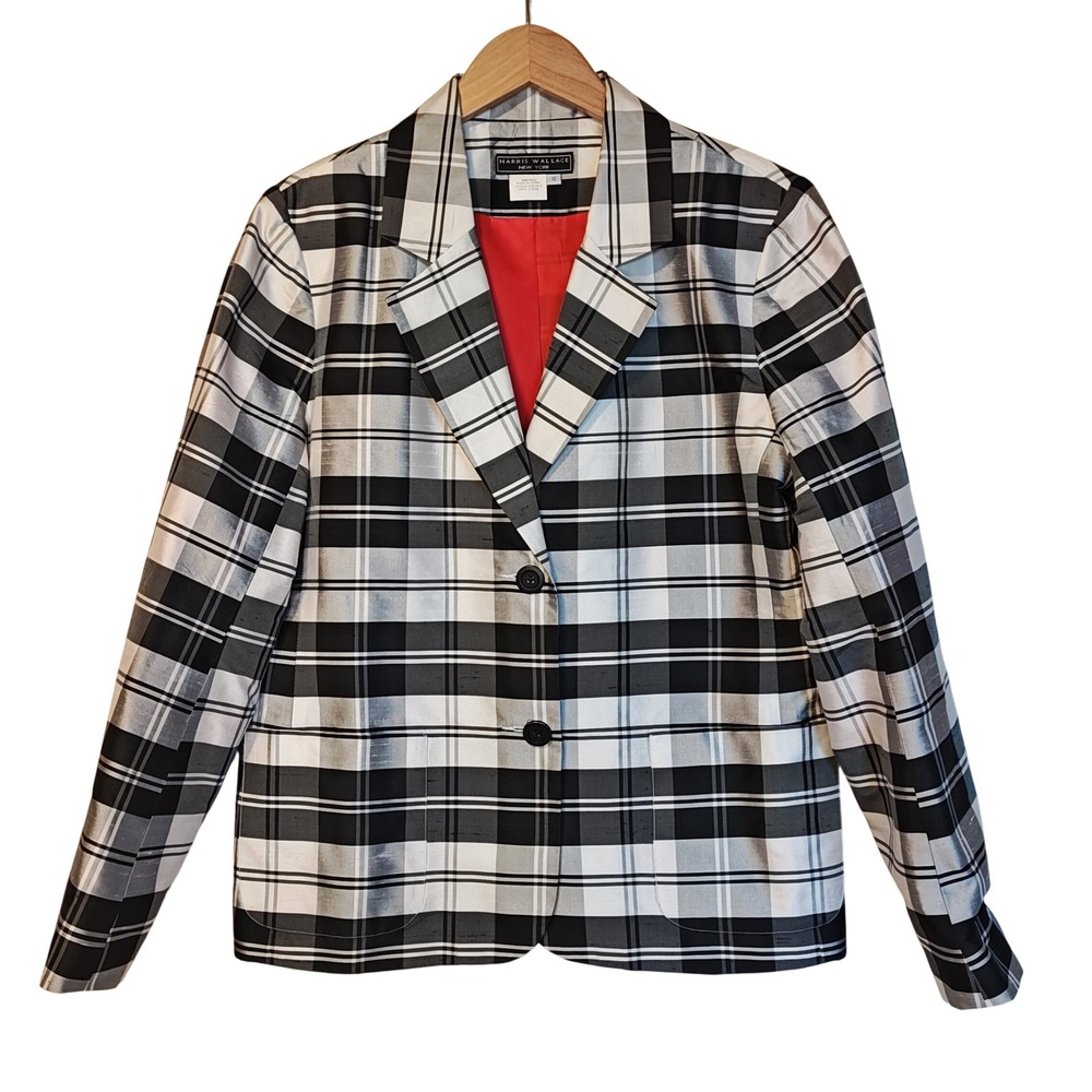 Harris Wallace Blazer Womens 12 Black White Plaid 100% Silk Notched Lapel 305916